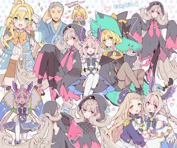 &gt;_&lt; 1boy 4girls :o ahoge aqua_eyes arms_up back backpack bag beads bell beret black_pantyhose blonde_hair blush bow braid cardigan closed_eyes closed_mouth detached_sleeves english_text enna_alouette enna_alouette_(1st_costume) ethyria full-face_blush grey_hair hair_beads hair_bow hair_ornament hairband hat head_wings highres jingle_bell large_hat long_hair looking_at_viewer low_twintails lucie_(millie_parfait) machita_chima maimoto_keisuke maimoto_keisuke_(1st_costume) midriff millie_parfait millie_parfait_(1st_costume) millie_parfait_(4th_costume) mo0o0om374624 multicolored_hair multiple_girls multiple_views navel nijisanji nijisanji_en off-shoulder_jacket off_shoulder one_eye_closed open_mouth orange_cardigan pantyhose purple_eyes red_eyes reimu_endou reimu_endou_(1st_costume) shorts sleeves_past_fingers sleeves_past_wrists standing standing_on_one_leg striped_clothes striped_pantyhose thigh_strap twintails two-tone_hair very_long_hair virtual_youtuber white_pantyhose wings witch_hat