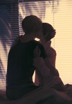 1boy 1girl ada_wong black_hair black_pants black_shirt blonde_hair closed_eyes couple dark hand_on_another's_head hands_on_another's_shoulders hetero highres indoors kiss kurumi031212 leon_s._kennedy long_sleeves on_bed pants resident_evil shadow shirt short_hair short_sleeves sitting t-shirt white_shirt window window_blinds
