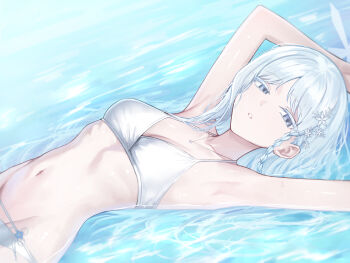 1girl absurdres aoi_riko arm_up armpits arms_up bare_arms bare_shoulders bikini blue_archive braid breasts cleavage collarbone commission flower hair_flower hair_ornament halterneck highres jewelry long_hair looking_at_viewer lying medium_breasts nagusa_(blue_archive) nagusa_(swimsuit)_(blue_archive) navel official_alternate_costume on_back outdoors parted_lips partially_submerged pixiv_commission ribbon solo stomach swimsuit upper_body very_long_hair water wet white_bikini