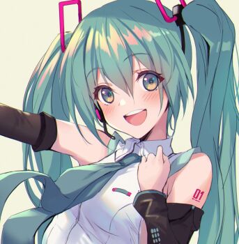 1girl aqua_necktie arm_tattoo blush breasts collared_shirt commentary_request detached_sleeves fukai_ryosuke grey_background hair_between_eyes hair_ornament hatsune_miku long_sleeves medium_breasts necktie number_tattoo open_mouth shirt simple_background sleeveless sleeveless_shirt smile solo tattoo upper_body vocaloid white_shirt