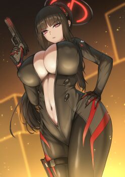 Rule 34 | 1girl, absurdres, black bodysuit, black hair, black halo, blue archive, blunt bangs, bodysuit, breasts, bright pupils, cleavage, commentary request, covered erect nipples, cowboy shot, gun, hair ornament, halo, hand on own hip, handgun, highres, holding, holding gun, holding weapon, holster, impossible bodysuit, impossible clothes, large breasts, latex, latex bodysuit, long hair, looking at viewer, m1911, multicolored halo, navel, official alternate costume, official alternate hairstyle, open bodysuit, open clothes, panzerboy, parted lips, ponytail, red eyes, ringed eyes, rio (blue archive), rio (bodysuit) (blue archive), sidelocks, skin tight, skindentation, solo, standing, thigh holster, trigger discipline, two-tone halo, unzipped, very long hair, weapon, white pupils