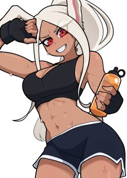 1girl abs absurdres animal_ears black_gloves black_shorts black_sports_bra boku_no_hero_academia bottle breasts cleavage fingerless_gloves gloves highres holding holding_bottle large_breasts long_hair mirko muds muscular muscular_female navel open_mouth parted_lips ponytail rabbit_ears rabbit_girl red_eyes shorts simple_background solo sports_bra sweat water_bottle white_background white_hair