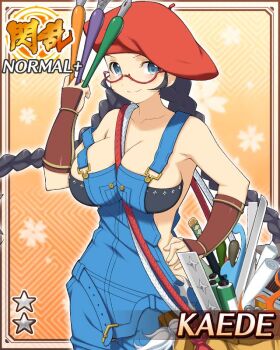 1girl ahoge arm_guards art_supplies bag beret between_breasts black_hair blue_eyes border braid braided_twintails breasts card_(medium) cleavage closed_mouth crop_top denim_overalls english_text game_cg hand_on_own_hip hat holding holding_pen kaede_(senran_kagura) large_breasts long_hair looking_at_viewer low_twintails non-web_source official_alternate_costume official_art paper pen red-framed_eyewear senran_kagura senran_kagura_new_wave shoulder_bag smile solo strap_between_breasts twintails