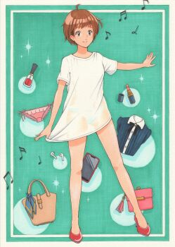 1girl absurdres ahoge aqua_background arm_at_side bag blue_eyes border brown_hair cellphone closed_mouth commentary cosmetics earbuds earphones full_body handbag high_heels highres legs_apart lipstick_tube long_shirt looking_at_viewer marker_(medium) midori_(mira567) musical_note nail_polish_bottle no_pants original outside_border outstretched_arm panties phone pink_panties pumps red_shoes see-through_clothes see-through_shirt shirt shoes short_hair short_sleeves smartphone smile solo standing straight-on t-shirt traditional_media underwear unworn_panties unworn_shirt white_border white_panties white_shirt
