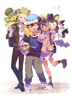 1girl 2boys :d alternate_costume alternate_hairstyle animal_ears ash_ketchum black_hair black_jacket black_pants black_shoes black_skirt black_socks blush braid braided_ponytail brown_hair brown_socks brown_sweater_vest cat_ears character_hat cilan_(pokemon) collared_shirt commentary_request dark-skinned_female dark_skin dot_nose double-parted_bangs emolga fidough fuecoco full_body gen_1_pokemon gen_5_pokemon gingham_socks green_eyes green_hair green_pants hair_between_eyes hat highres iris_(pokemon) jacket long_hair long_sleeves looking_at_viewer maroon_eyes multiple_boys nintendo open_clothes open_jacket open_mouth outstretched_arm pansage pants pawmi pikachu pokemon pokemon_(anime) pokemon_(creature) pokemon_the_series:_black_&amp;_white quaxly rotom rotom_phone school_uniform serizawa_serizane shirt shoes short_hair simple_background skirt smile sneakers socks sprigatito standing standing_on_one_leg sweater_vest tandemaus v vest white_background white_hat white_shirt white_shoes