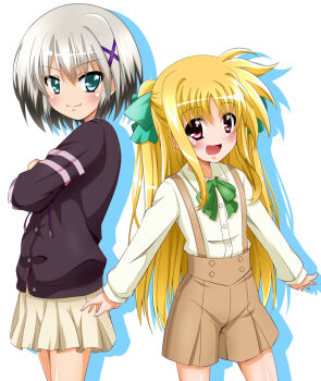 Rule 34 | 2girls, :d, alicia testarossa, black sweater, blonde hair, blush, bow, bowtie, brown shorts, collared shirt, cowboy shot, crossed arms, dress shirt, green bow, hair between eyes, hair bow, high-waist shorts, highres, long hair, looking at viewer, lyrical nanoha, mahou shoujo lyrical nanoha, lord dearche, miniskirt, multiple girls, open mouth, pleated, pleated skirt, red eyes, shadow, shirt, short shorts, shorts, simple background, skirt, smile, split mouth, standing, suspender shorts, suspenders, sweater, sweater vest, twintails, very long hair, white background, white shirt, white skirt, yorousa (yoroiusagi)