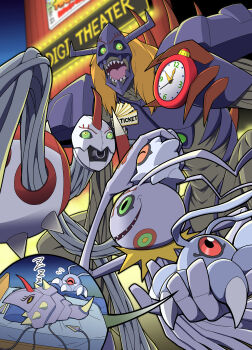 Rule 34 | absurdres, blurry, blurry background, chrysalimon, clock, diablomon, digimon, digimon (creature), digimon adventure, digimon adventure: bokura no war game, evolutionary line, green eyes, group picture, highres, infermon, keramon, kuramon, narome and levy, open mouth, outdoors, sharp teeth, speech bubble, teeth, ticket, tsumemon