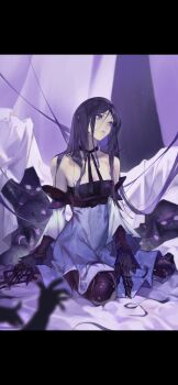 1girl armored_boots bare_shoulders black_ribbon boots breasts choker collarbone detached_sleeves drag-on_dragoon drag-on_dragoon_3 dress facial_mark forehead_mark full_body gauntlets hair_between_eyes hair_ornament highres letterboxed long_hair looking_to_the_side medium_breasts parted_bangs parted_lips purple_dress purple_eyes purple_hair purple_lips ribbon ribbon_choker roman_numeral seiza sitting solo strapless strapless_dress tasia27816 three_(drag-on_dragoon) very_long_hair wide_sleeves