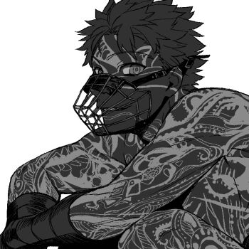 Rule 34 | 1boy, angra mainyu (fate), angra mainyu (third ascension) (fate), arm rest, commentary request, dark-skinned male, dark skin, fate/grand order, fate (series), full-body tattoo, greyscale, male focus, monochrome, muzzle (mask), shibakou, sitting, smile, solo, spiked hair, tattoo