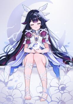1girl artist_name black_hair blunt_ends blush bow closed_eyes columbina_(genshin_impact) crescent dress facing_viewer flower full_body genshin_impact gradient_hair head_wings highres layered_dress long_hair mask multicolored_hair no_shoes purple_hair quiss short_sleeves sitting solo strap very_long_hair white_background white_bow white_dress wings