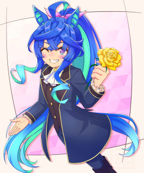 Rule 34 | 1girl, @ @, ahoge, alternate costume, alternate hairstyle, animal ears, aqua hair, ascot, black vest, blue coat, blue hair, blue pants, blush, boots, bow, coat, commentary request, crossed bangs, feet out of frame, flower, frilled sleeves, frills, grin, hair bow, hand up, highres, holding, holding flower, horse ears, horse girl, horse tail, lapels, long hair, long sleeves, monmonmur, multicolored hair, notched lapels, one eye closed, open clothes, open coat, pants, pink bow, ponytail, purple eyes, rose, sidelocks, smile, solo, tail, twin turbo (umamusume), twitter username, two-tone hair, umamusume, very long hair, vest, white ascot, yellow flower, yellow rose