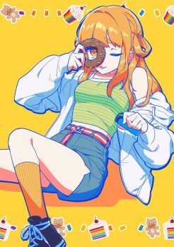 Rule 34 | 1girl, black shoes, blue outline, breasts, camisole, closed mouth, commentary, crop top, denim, denim shorts, donut, food, foot out of frame, green camisole, hair rings, hand up, high-waist shorts, highres, holding, holding donut, holding food, jacket, knee up, long hair, long sleeves, looking at viewer, medium breasts, nyancul, open clothes, open jacket, orange eyes, orange hair, orange socks, original, outline, reclining, ribbed socks, shoes, short shorts, shorts, simple background, single off shoulder, sneakers, socks, solo, spaghetti strap, striped camisole, symbol-only commentary, tongue, tongue out, white jacket, yellow background