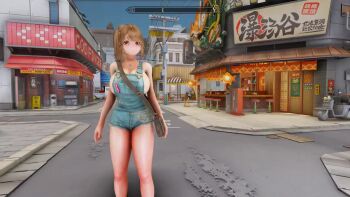 1girl 3d animated ass breasts brown_eyes brown_hair highres huge_breasts large_breasts legs medium_hair multiple_views naked_overalls original overalls ponytail running sideboob smile solo tagme thick_thighs thighs turnaround video walking