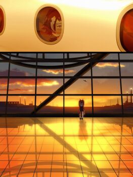 2girls aircraft airplane airport animal_ears bare_shoulders blue_skirt blush brown_eyes brown_hair closed_mouth cloud commentary daiwa_scarlet_(casual)_(umamusume) daiwa_scarlet_(umamusume) english_commentary hair_over_one_eye highres horse_ears horse_girl horse_tail johnholl0w long_hair multicolored_hair multiple_girls shirt shoes skirt sky socks sunset tail twintails umamusume very_long_hair vodka_(umamusume) white_hair white_shirt white_socks window