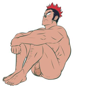 1boy aizenhower bara barefoot body_hair flaccid foreskin full_body highres kill_la_kill kinagase_tsumugu male_focus multicolored_hair muscular nude penis sitting solo testicles