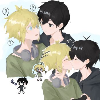 ! !? 2boys ? alternate_costume antenna_hair basil_(faraway)_(omori) basil_(omori) black_eyes black_hair black_hoodie blonde_hair blue_eyes bright_pupils chibi closed_eyes closed_mouth commentary double-parted_bangs green_sweater hair_between_eyes headphones headphones_around_neck highres hood hood_down hoodie kiss long_sleeves looking_at_another male_focus multiple_boys omori short_hair sidelocks simple_background smile speech_bubble spoken_question_mark sunny_(omori) sweater ttyyuwwuw white_background white_pupils yaoi