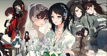 2girls back-to-back bang_dream! bang_dream!_it&#039;s_mygo!!!!! beret black_boots black_gloves black_socks blue_eyes boots bouquet braid brown_dress chinese_commentary choker closed_mouth commentary_request cup cx6lc0 dress earrings flower gloves grey_hat hair_bun hair_ribbon hanasakigawa_school_uniform hat holding holding_cup holding_hands jacket jewelry kneehighs lace lace_choker medium_hair mole mole_under_eye multiple_girls open_mouth pants purple_eyes red_jacket red_ribbon ribbon sample_watermark school_uniform shiina_taki short_hair single_hair_bun skirt socks thigh_boots timoris_(bang_dream!) two-tone_pants upper_body watermark wedding_dress weibo_watermark white_choker white_dress white_jacket white_pants white_ribbon white_skirt wife_and_wife yahata_umiri yuri