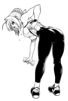 1girl ahoge alternate_costume ass bent_over braid braided_bun breasts dumbbell exercising fate/grand_order fate_(series) from_behind full_body greyscale hair_bun hair_intakes highres large_breasts monochrome nero_claudius_(fate) pants shoes short_hair simple_background smartwatch sneakers solo sports_bra sweat tachibana_roku watch weightlifting white_background wristwatch yoga_pants