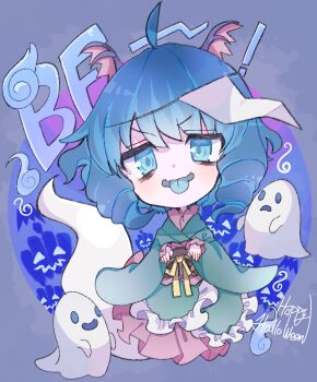 1girl ahoge bags_under_eyes blue_background blue_eyes blue_hair blue_tongue chibi chibi_only colored_tongue commentary_request drill_hair english_text full_body ghost ghost_costume ghost_pose ghost_tail green_kimono grey_background hall_jion happy_halloween head_wings highres hitodama jack-o&#039;-lantern japanese_clothes kimono long_sleeves looking_at_viewer open_mouth smile solo tongue tongue_out touhou triangular_headpiece twin_drills v-shaped_eyebrows wakasagihime wide_sleeves wings
