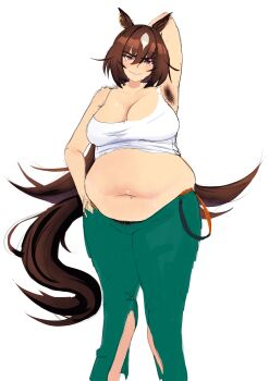 1girl absurdres animal_ears armpit_hair armpits big_belly blush breasts brown_eyes commentary csabre english_commentary fat fat_woman green_pants hair_between_eyes highres horse_ears horse_girl horse_tail large_breasts long_hair looking_at_viewer mole mole_on_stomach navel pants parted_lips ponytail pubic_hair pubic_hair_peek side_slit simple_background sirius_symboli_(umamusume) smile solo tail tank_top umamusume very_long_hair white_background white_tank_top