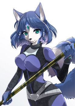 1girl animal_ears animal_nose aqua_eyes belt blue_bodysuit blue_gemstone blue_hair body_fur bodysuit breasts circlet claws cleavage cleavage_cutout closed_mouth clothing_cutout cowboy_shot crystal dutch_angle female_focus fox_ears fox_girl fox_tail furry furry_female gem gradient_background hair_tubes hand_up happy highres holding holding_polearm holding_spear holding_weapon krystal long_sleeves looking_at_viewer medium_breasts multicolored_hair namagaki_yukina nintendo polearm shiny_clothes short_hair simple_background smile snout solo spear standing star_fox star_fox_assault streaked_hair tail two-handed two-tone_hair weapon white_background white_hair