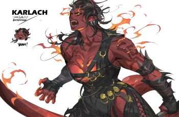 Rule 34 | 1girl, armor, ashthepenguin, axe, baldur's gate, baldur's gate 3, belt, black hair, chibi, colored skin, demon girl, demon horns, demon tail, dungeons & dragons, earrings, english text, fire, highres, holding behind back, holding weapon behind back, horns, jewelry, karlach, leather armor, long hair, multicolored hair, muscular, muscular female, red hair, red skin, signature, solo, studs, tail, tiefling