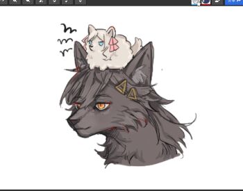 animal animal_focus animal_on_head animal_with_hair animalization art_program_in_frame blue_eyes ceras_yanagida_lilienfeld closed_mouth commentary cropped_head dog edel_note furry hair_ornament highres katsuragi_izumi link!_like!_love_live! love_live! no_humans on_head orange_eyes slit_pupils smile symbol-only_commentary triangle_hair_ornament v-shaped_eyes virtual_youtuber wolf yrxy_settingsun