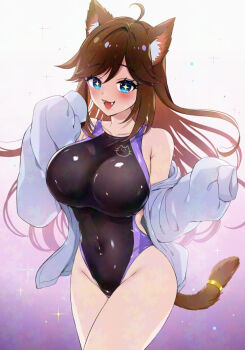 +_+ 1girl animal_ears black_one-piece_swimsuit blue_eyes breasts brown_hair cat_ears cat_tail commission competition_swimsuit covered_navel cowboy_shot fang gradient_background highleg highleg_one-piece_swimsuit large_breasts long_hair nanashiki_fuuka one-piece_swimsuit open_clothes open_shirt original purple_background skeb_commission sleeves_past_wrists solo swimsuit tail two-tone_swimsuit white_background