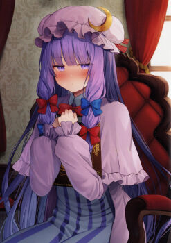 Rule 34 | 1girl, absurdres, blue bow, blunt bangs, blush, book, bow, capelet, chair, closed mouth, crescent, crescent hat ornament, curtains, dress, hair bow, hat, hat ornament, highres, holding, holding book, long hair, long sleeves, looking at viewer, mob cap, patchouli knowledge, purple capelet, purple dress, purple eyes, purple hair, purple hat, red bow, sidelocks, sitting, solo, striped clothes, third-party source, touhou, usushio, very long hair, window