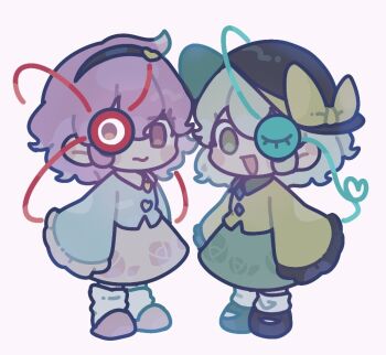 2girls black_hairband black_hat blue_shirt blush_stickers bow chibi chibi_only floral_print floral_print_skirt frilled_shirt frills green_eyes green_skirt hairband hat hat_bow ikururu komeiji_koishi komeiji_satori looking_at_viewer multiple_girls open_mouth pink_eyes pink_hair pink_skirt print_skirt rose_print shirt siblings sisters skirt sleeves_past_fingers sleeves_past_wrists standing third_eye touhou yellow_bow yellow_shirt