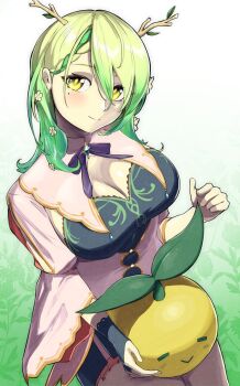 1girl blue_bridal_gauntlets blue_dress blue_ribbon blush braid breasts bridal_gauntlets ceres_fauna ceres_fauna_(1st_costume) cleavage closed_eyes dress flower green_hair hair_branch hair_flower hair_ornament highres holding_person hololive hololive_english layered_dress legs_together mole mole_under_eye multicolored_hair plant ribbon sapling_(ceres_fauna) single_bridal_gauntlet sitting smile solo thighs tree_horns two-tone_hair virtual_youtuber white_dress yellow_eyes yodokogon