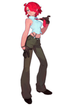 1girl black_gloves commentary english_commentary fl_(l-fl) gloves highres navel necktie red_hair red_necktie short_hair simple_background solo the_king_of_fighters vanessa_(kof) white_background