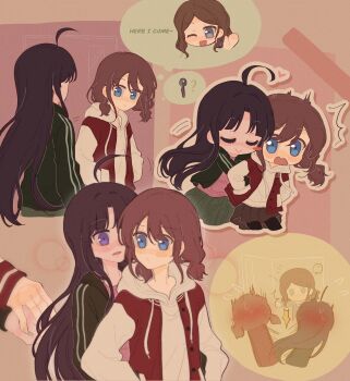 3girls ? absurdres artist_request awa_subaru black_hair blue_eyes blush brown_hair closed_eyes closed_mouth commentary commission earrings flying_sweatdrops girls_band_cry green_jacket green_skirt grey_skirt hands_in_another&#039;s_pockets hashtag-only_commentary highres holding_hands hood hoodie hug hug_from_behind iseri_nina iseri_suzune jacket jewelry long_hair multiple_girls one_eye_closed pink_shirt pleated_skirt purple_eyes red_hair red_jacket second-party_source shirt short_twintails siblings sisters skirt spoken_question_mark twintails white_hoodie yuri