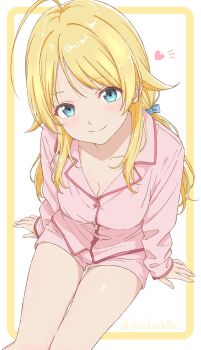1girl absurdres ahoge blonde_hair blue_eyes blush breasts cleavage closed_mouth hachimiya_meguru hair_flaps hair_ribbon highres idolmaster idolmaster_shiny_colors koukashita large_breasts long_hair long_sleeves looking_at_viewer low_twintails pajamas pink_pajamas pink_shirt pink_shorts ribbon shirt shorts sitting sleepwear smile solo twintails