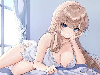 1girl bed blonde_hair blue_eyes blush breasts closed_mouth commentary_request curtains dress hair_between_eyes hakuri_(hakuricot) large_breasts long_hair looking_at_viewer original solo white_dress window