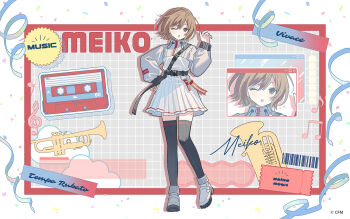 1girl ;o belt black_belt black_thighhighs blush brown_eyes brown_hair cassette_tape character_name company_name confetti copyright_notice dress full_body hair_between_eyes instrument meiko_(vocaloid) moo_n_moko official_art one_eye_closed shoes short_hair shrug_(clothing) streamers thighhighs third-party_source ticket trumpet tuba vocaloid white_dress white_shoes white_shrug window_(computing) zoom_layer