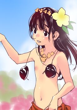 1girl arm_up black_eyes black_hair blue_background blunt_bangs blurry blurry_background blush coconut coconut_bra day female_focus flat_chest flower flower_necklace from_side hair_flower hair_ornament highres hula jewelry jinkai_yamizawa lei loli long_hair navel necklace nipples one_breast_out orange_sarong original outdoors parted_lips sarong sidelighting solo upper_body wardrobe_malfunction