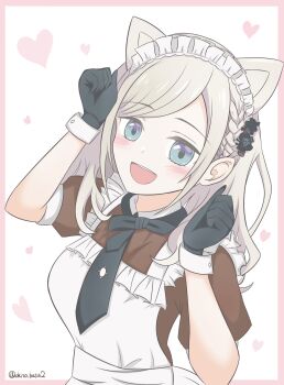 1girl :d animal_ears apron arm_up black_flower black_gloves black_necktie blue_eyes blush border breasts cat_ears ceras_yanagida_lilienfeld clenched_hands commentary flower frilled_apron frills gloves grey_hair hair_flower hair_ornament hand_up heart heart_background highres large_breasts link!_like!_love_live! long_hair looking_at_viewer love_live! maid maid_apron maid_headdress necktie nyan_nyan_nyan_fair_in_gamers official_alternate_costume okito_(okito_hasu2) open_mouth outside_border pink_border puffy_short_sleeves puffy_sleeves short_sleeves smile solo twitter_username upper_body virtual_youtuber white_apron white_background