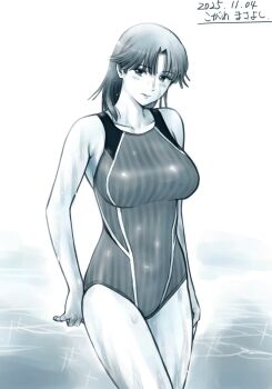 1girl collarbone commentary_request competition_swimsuit dated greyscale highres kogawa_masayoshi long_hair looking_at_viewer monochrome one-piece_swimsuit original solo standing swimsuit water wet