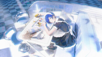 1boy 44xxmm absurdres alternate_costume apron black_dress black_pantyhose black_shoes blue_eyes blue_hair burger checkered_floor crossdressing crossdressing_(mtf) cup diner disposable_cup dress enmaided food french_fries frilled_dress frills head_on_table highres holding holding_burger holding_food ice looking_at_viewer maid maid_apron maid_headdress male_focus mary_janes pantyhose persona persona_3 shoes short_hair sitting solo spill tray yuuki_makoto_(persona_3)