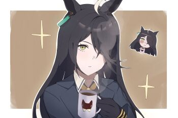 1girl ahoge animal_ears animal_print black_coat black_gloves blue_sky cat_print chibi chibi_inset closed_mouth coat coffee collared_shirt cup ear_ornament ear_tag earrings gloves hair_over_one_eye hand_up highres holding holding_cup horse_ears horse_girl jewelry long_hair long_sleeves looking_at_viewer majorbowie manhattan_cafe_(creeping_shadow)_(umamusume) manhattan_cafe_(umamusume) mug multicolored_hair necktie parted_lips shirt single_earring sky solo star_(symbol) steam steaming_cup umamusume white_hair yellow_necktie