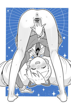 1girl anus blue_background blush closed_eyes commentary_request drill_hair heriyama loli long_hair luna_platz_(mega_man) mega_man_(series) mega_man_star_force_(series) open_mouth presenting_anus presenting_pussy pussy sparkle spread_pussy spreading_own_pussy sweat twin_drills very_long_hair