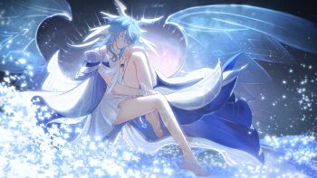 1boy arm_ribbon artist_name barefoot blue_dress blue_wings bow closed_eyes closed_mouth columbina_(genshin_impact) columbina_(genshin_impact)_(cosplay) commentary cosplay crossdressing crossdressing_(mtf) detached_sleeves dress english_commentary expressionless eye_mask feathered_wings feet flower genshin_impact grey_hair hair_between_eyes hair_ribbon head_wings highres honkai:_star_rail honkai_(series) knee_up leg_ribbon legs male_focus mask medium_hair moonya multiple_wings parted_bangs ribbon sidelocks signature solo strapless strapless_dress sunday_(honkai:_star_rail) transparent_wings white_bow white_dress white_flower white_mask white_ribbon white_wings wide_sleeves wings