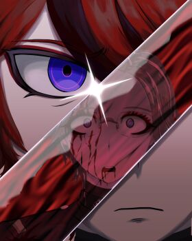 2boys aotsuki_eito black_hair bleeding blood blood_from_forehead blood_on_face blue_eyes close-up closed_mouth highres looking_at_viewer multicolored_eyes multicolored_hair multiple_boys red_eyes red_hair reflection sumino_takumi sword the_hundred_line_-last_defense_academy- weapon