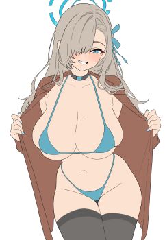 1girl absurdres asuna_(blue_archive) bikini black_thighhighs blue_archive blue_bikini blue_eyes blue_halo blush breasts brown_coat brown_hair choker cleavage coat collarbone grin groin hair_over_one_eye halo highres large_breasts long_hair looking_at_viewer mole mole_on_breast navel open_clothes open_coat smile solo swimsuit thejx_063 thighhighs thighs very_long_hair