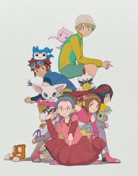 2girls 4boys bird black_hair blonde_hair blue_eyes blue_vest brown_hair cat character_request chibimon digimon digimon_adventure_02 green_shirt group_picture group_pose hat hawkmon hida_iori highres ichijouji_ken inoue_miyako kubota_keita long_hair motomiya_daisuke multiple_boys multiple_girls pink_shirt purple_hair shirt short_hair simple_background tailmon takaishi_takeru tokomon v-mon vest white_background white_hat yagami_hikari yellow_shirt