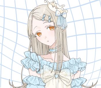 1girl blue_bow blue_dress bow choker collarbone colored_eyelashes commentary_request crown detached_sleeves dress earrings flipped_hair frilled_choker frilled_dress frills gakuen_idolmaster grid_background hair_bow highres idolmaster jewelry long_hair looking_at_viewer mini_crown ne_mu_ko05 orange_eyes parted_bangs parted_lips shinosawa_hiro solo stud_earrings upper_body