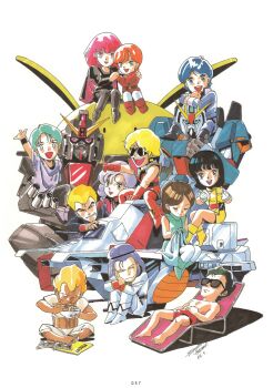 1980s_(style) 1986 6+boys 6+girls absurdres aeug argama beam_cannon blonde_hair bright_noa char_aznable dated eating emma_sheen fa_yuiry finger_cannon four_murasame gundam haman_karn haro highres jerid_messa kamille_bidan kitazume_hiroyuki lying magazine_scan marker_(medium) military_uniform mineva_lao_zabi multiple_boys multiple_girls neo_zeon oldschool paptimus_scirocco parody pet promotional_art psycho_gundam quattro_bajeena resting retro_artstyle riding scan signature sitting spacecraft sunglasses swimsuit titans_(gundam) traditional_media v-fin vest yazan_gable zeta_gundam zeta_gundam_(mobile_suit)