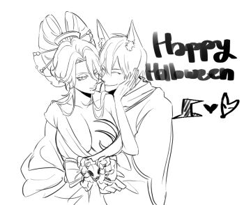 1boy 1girl animal_ears bare_shoulders bleach bleach:_brave_souls breasts collarbone fox_ears happy_halloween hetero ichimaru_gin japanese_clothes kimono large_breasts looking_at_another matsumoto_rangiku medium_hair mole mole_under_mouth multiple_girls nothinkingirl official_alternate_costume short_hair simple_background white_background