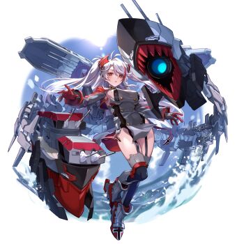 1girl absurdres antenna_hair armored_boots azur_lane black_garter_straps boots breasts buttons commentary_request double-breasted garter_straps gloves grey_gloves headgear highres long_hair long_sleeves looking_at_viewer medium_breasts mole mole_on_breast pelvic_curtain prinz_eugen_(azur_lane) red_eyes red_gloves red_streaks rigging ship_turret sideboob simple_background solo two-tone_gloves uedrk_yamato very_long_hair water white_background white_hair